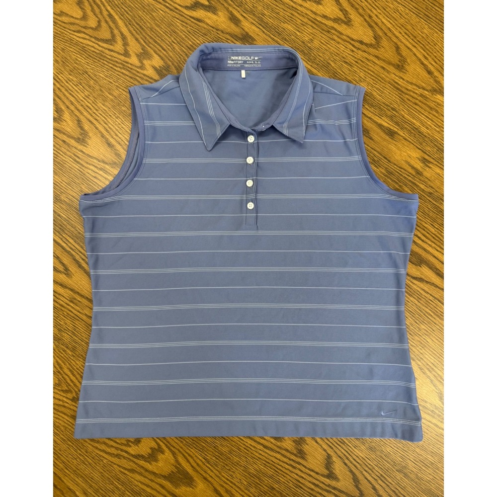 Nike Golf Sleeveless Polo Shirt Womens XL Blue Striped NikeFIT DRY Performance